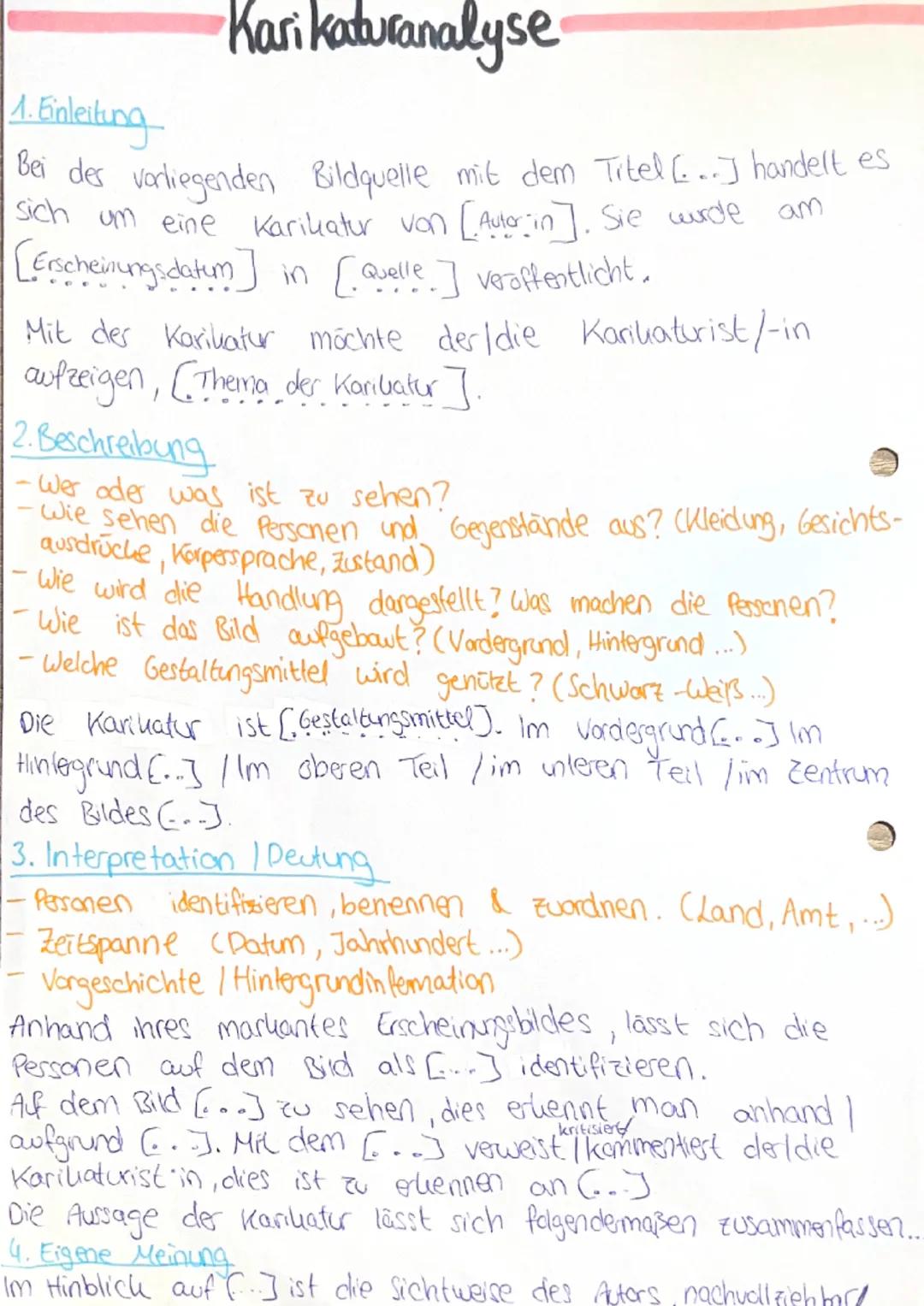 # Karikaturanalyse

1. Einleitung

Bei der vorliegenden Bildquelle mit dem Titel [...] handelt es
sich um eine Karikatur von [Autor in]. Sie