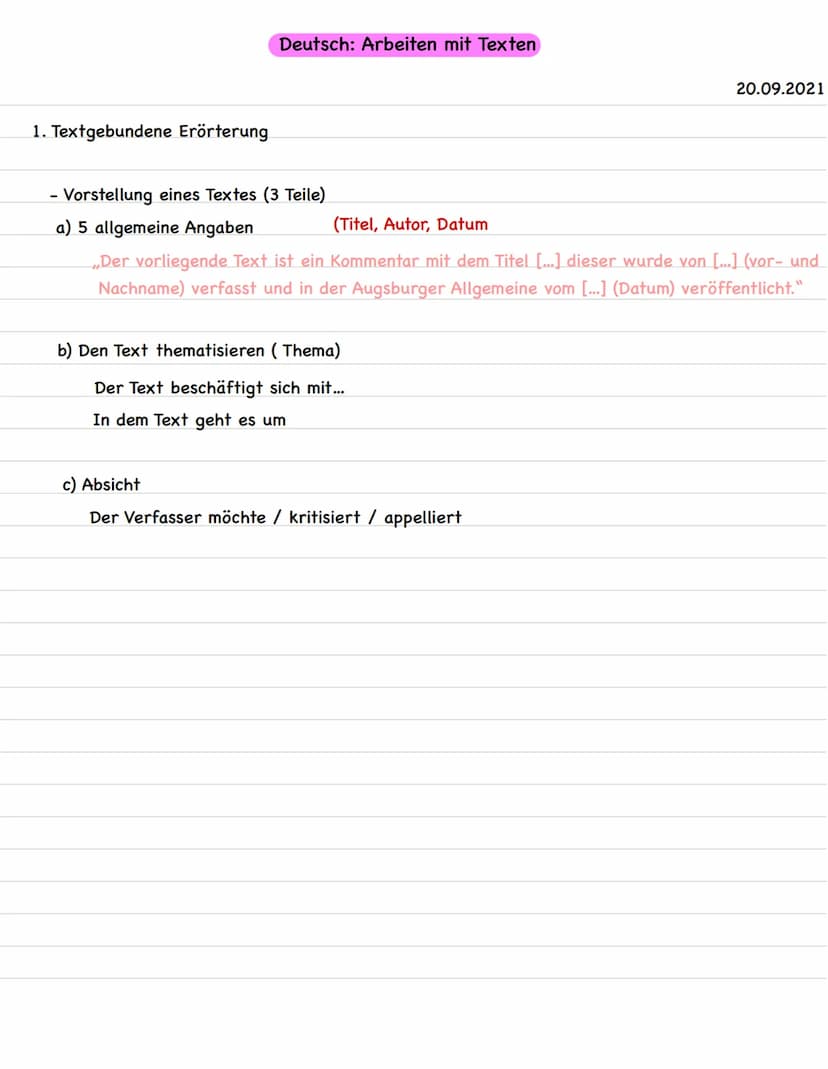 Deutsch:
- Textgebundene Erörterung, Kommentar
Literarische Texte analysieren Erörterung Text gebundene Erörterung
Schrittanleitung.
1) Vors