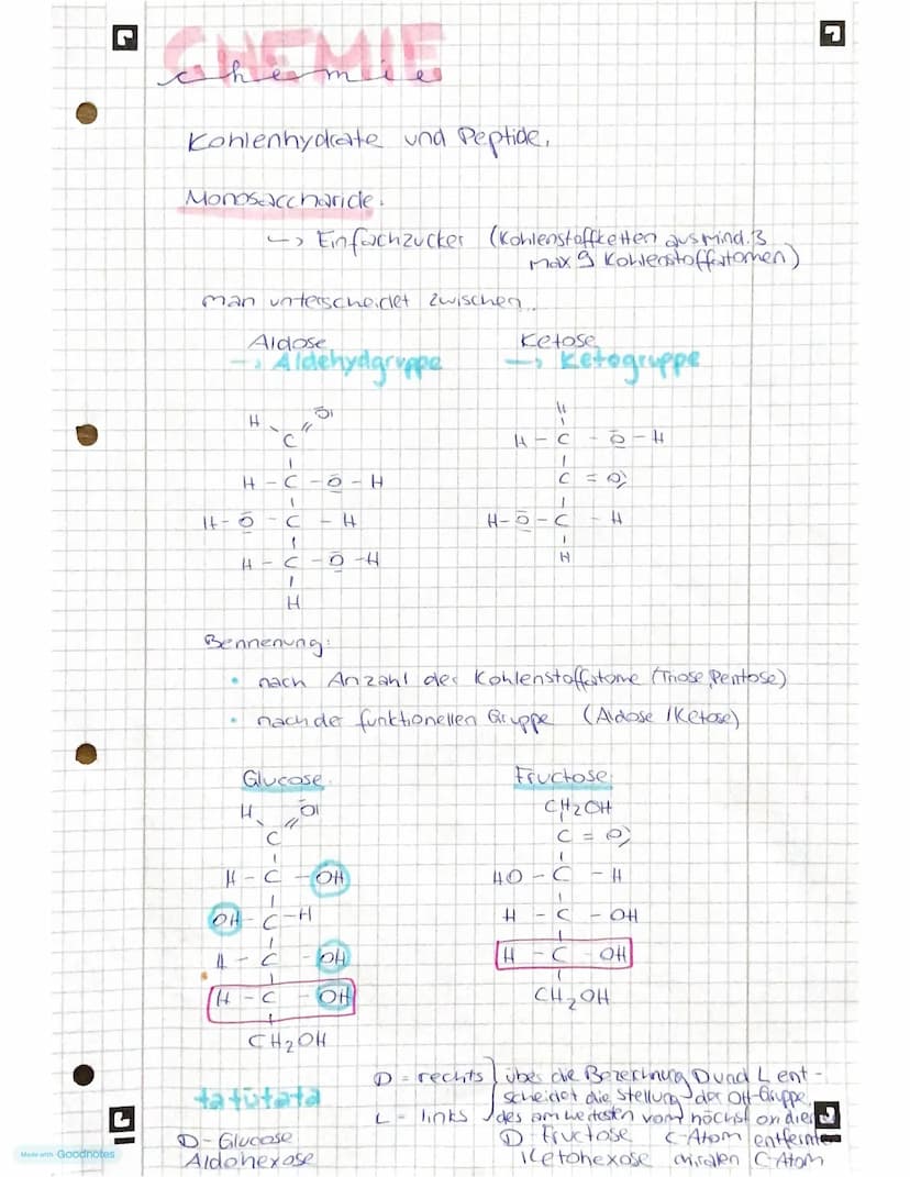L
Made with Goodnotes
Kohlen
hydrate
& Peptide
- Monosaccharide
-Kohlenstoffatome mit Chiralitätszentren
-Fischer - Projection, Haworth - Pr