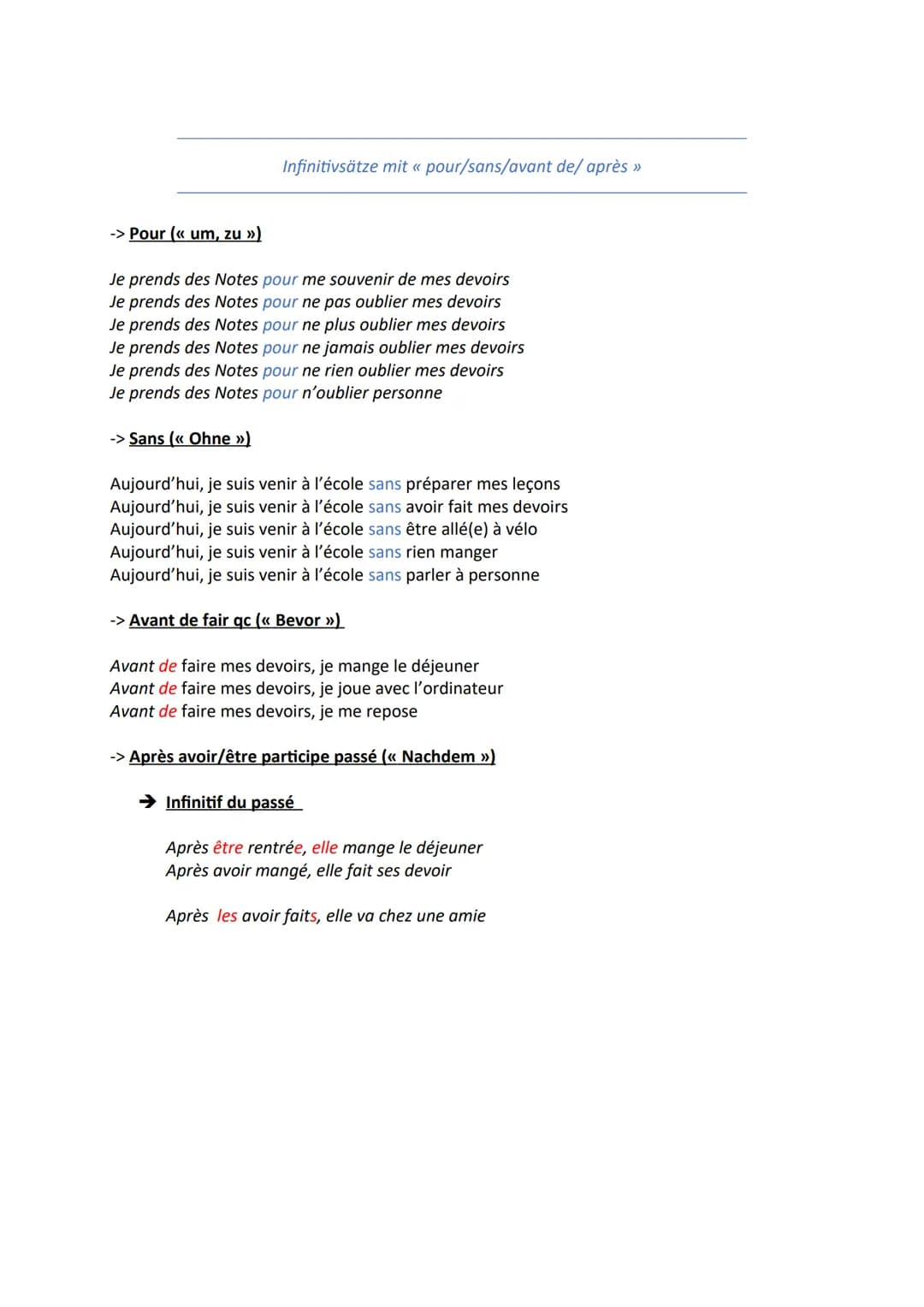 -> Pour («< um, zu >>)
Infinitivsätze mit « pour/sans/avant de/après >>
Je prends des Notes pour me souvenir de mes devoirs
Je prends des No