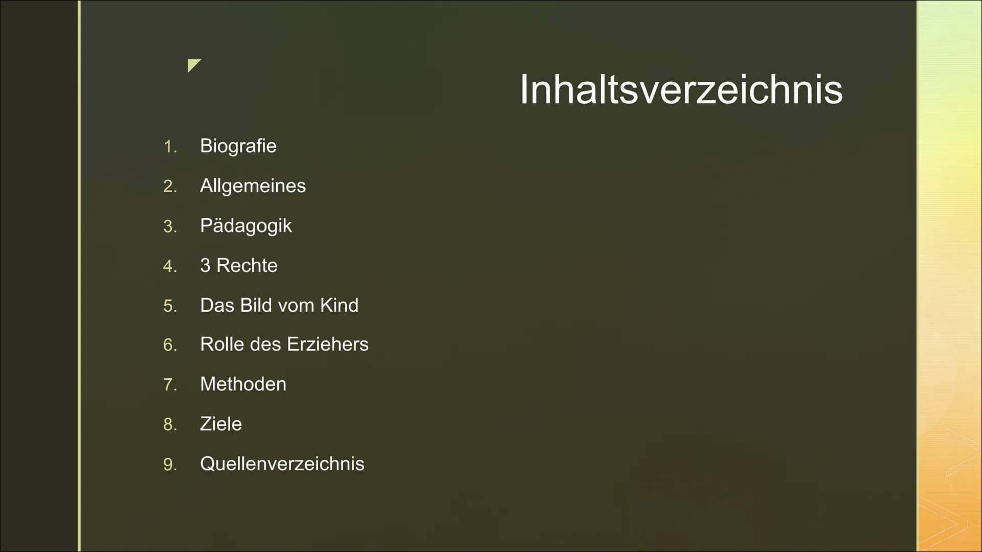 Pädagogik nach
Janusz Korczak
„Das Kind ist ebenso ein wertvoller Mensch wie
wir." 1. Biografie
2. Allgemeines
3. Pädagogik
3 Rechte
4.
Das 
