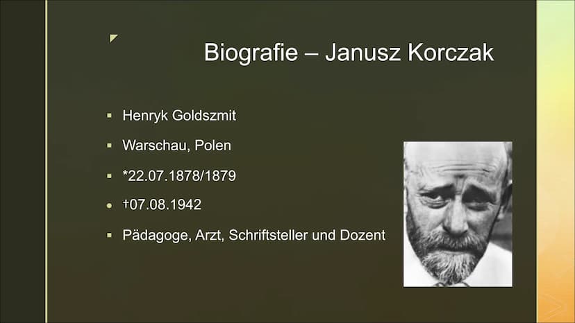 Pädagogik nach
Janusz Korczak
„Das Kind ist ebenso ein wertvoller Mensch wie
wir." 1. Biografie
2. Allgemeines
3. Pädagogik
3 Rechte
4.
Das 
