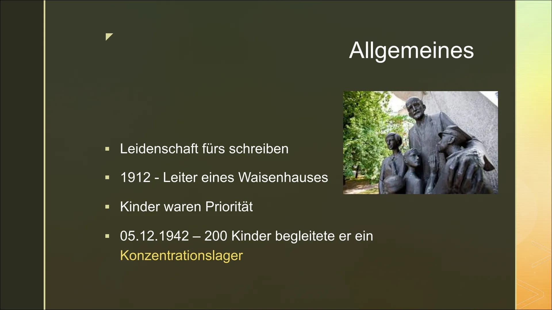 Pädagogik nach
Janusz Korczak
„Das Kind ist ebenso ein wertvoller Mensch wie
wir." 1. Biografie
2. Allgemeines
3. Pädagogik
3 Rechte
4.
Das 