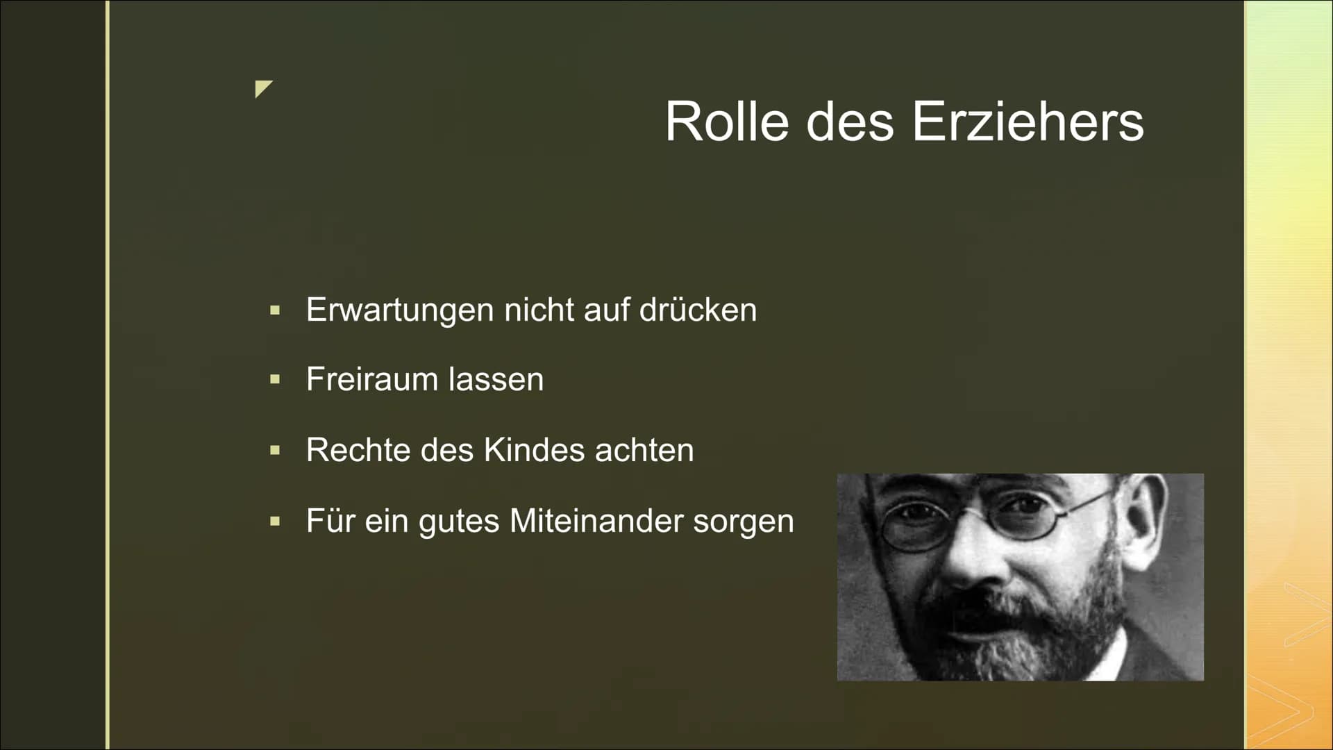 Pädagogik nach
Janusz Korczak
„Das Kind ist ebenso ein wertvoller Mensch wie
wir." 1. Biografie
2. Allgemeines
3. Pädagogik
3 Rechte
4.
Das 