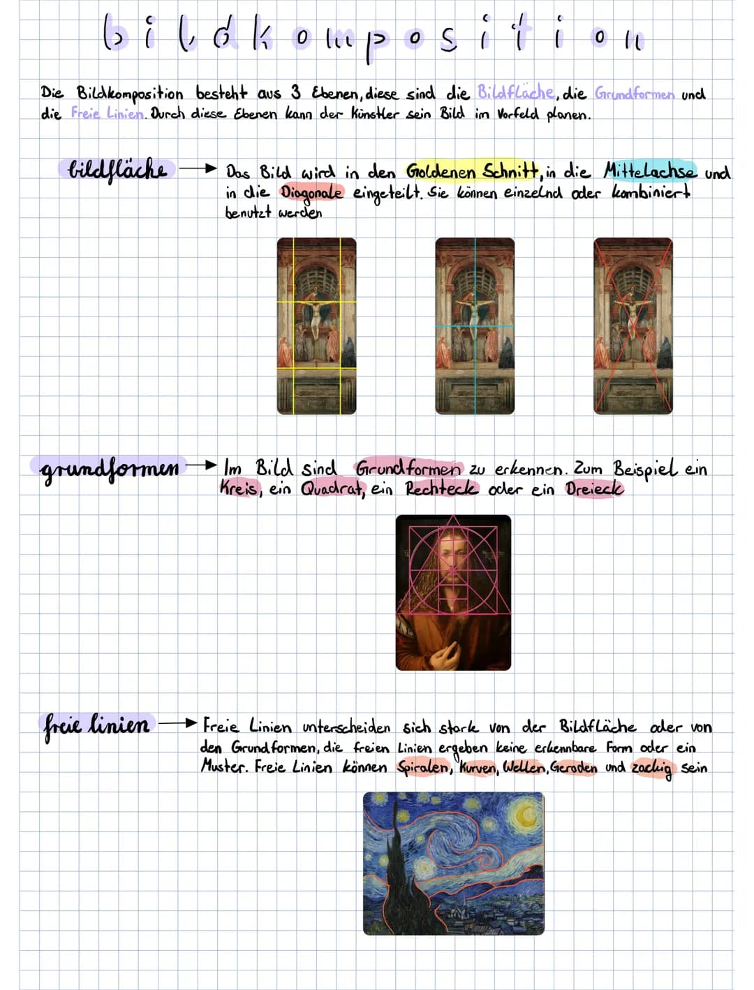 bibókompositi
0 It
Die Bildkomposition besteht aus 3 Ebenen, diese sind die Bildfläche, die Grundformen und
die Freie Linien. Durch diese Eb