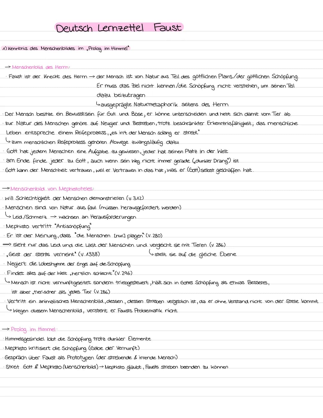 Deutsch Lernzettel Faust
1) Kenntnis des Menschenbildes im „Prolog im Himmel"
-> Menschenbild des Herrn:
Faust ist der Knecht des Herrn → de