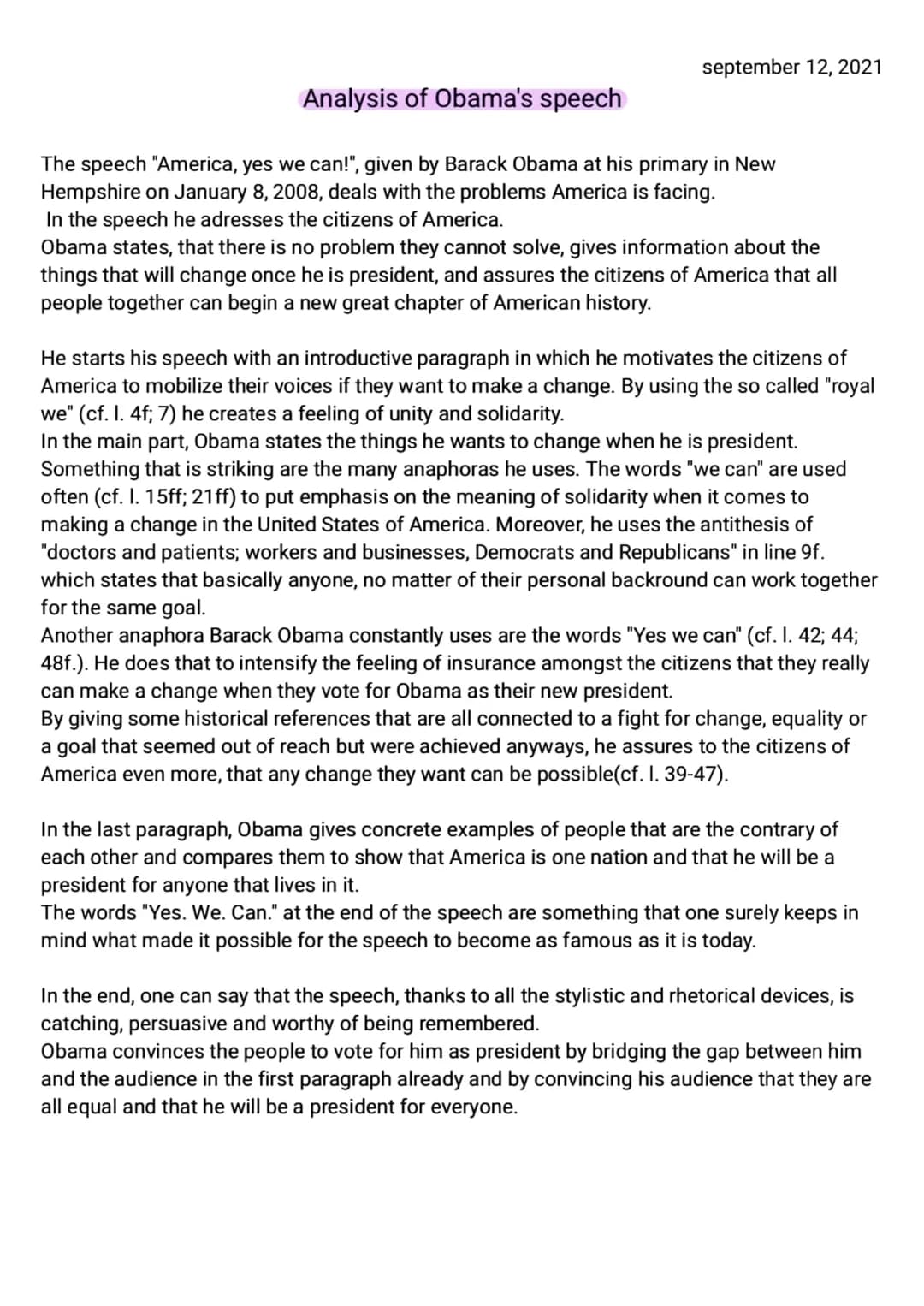 september 12, 2021
Analysis of Obama's speech
The speech "America, yes we can!", given by Barack Obama at his primary in New
Hempshire on Ja