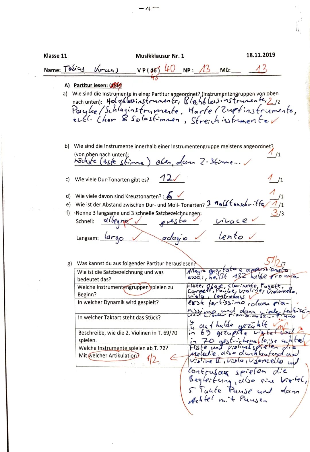 Klasse 11
Name: Tobias
Kraus
A) Partitur lesen: (156)
a) Wie sind die Instrumente in
-11-
Musikklausur Nr. 1
VP(46) 40 NP:
c) Wie viele Dur-