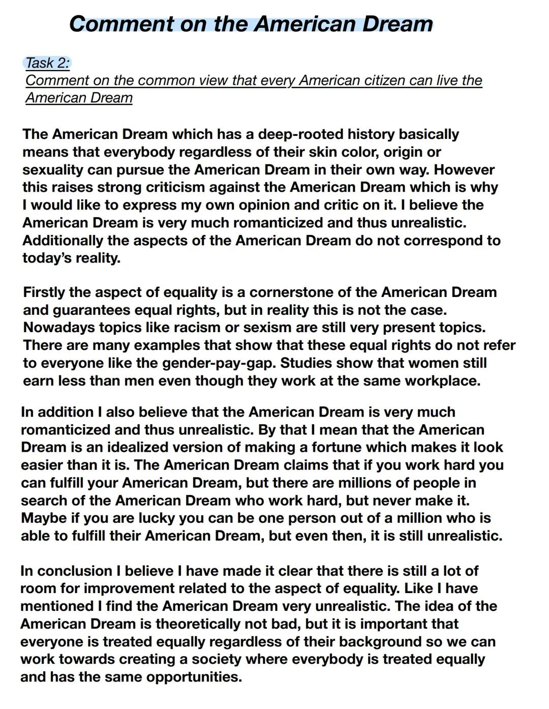 Comment on the American Dream (Q1 LK Klaursuraufgabe)