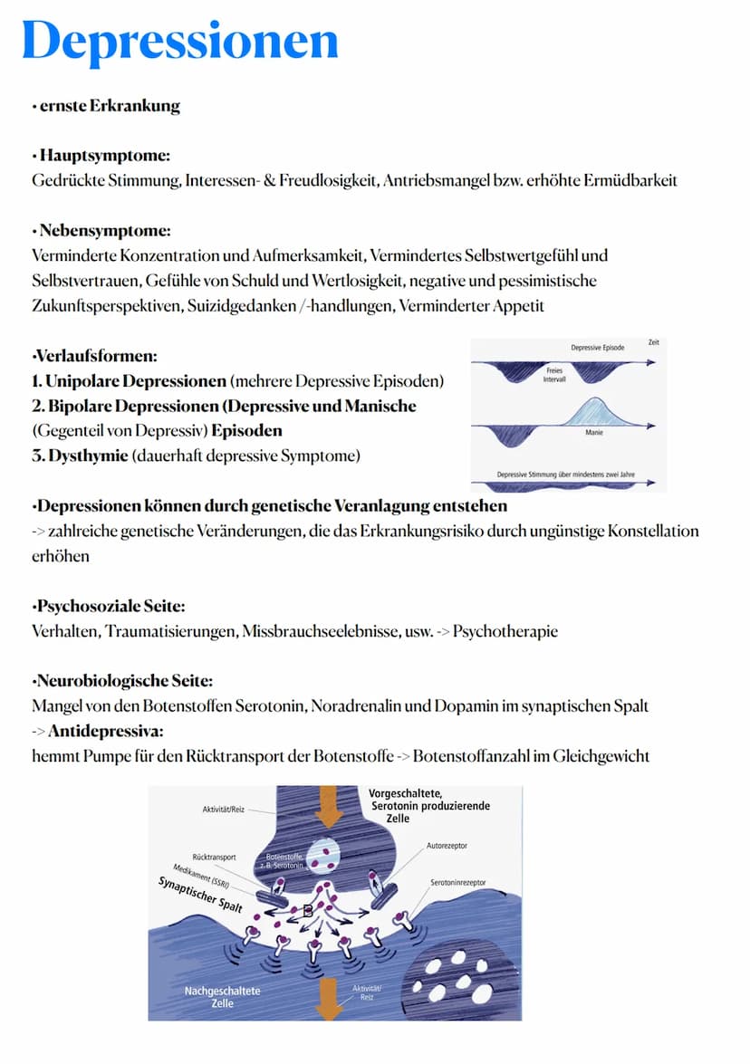 Depressionen
• ernste Erkrankung
•Hauptsymptome:
Gedrückte Stimmung, Interessen- & Freudlosigkeit, Antriebsmangel bzw. erhöhte Ermüdbarkeit
