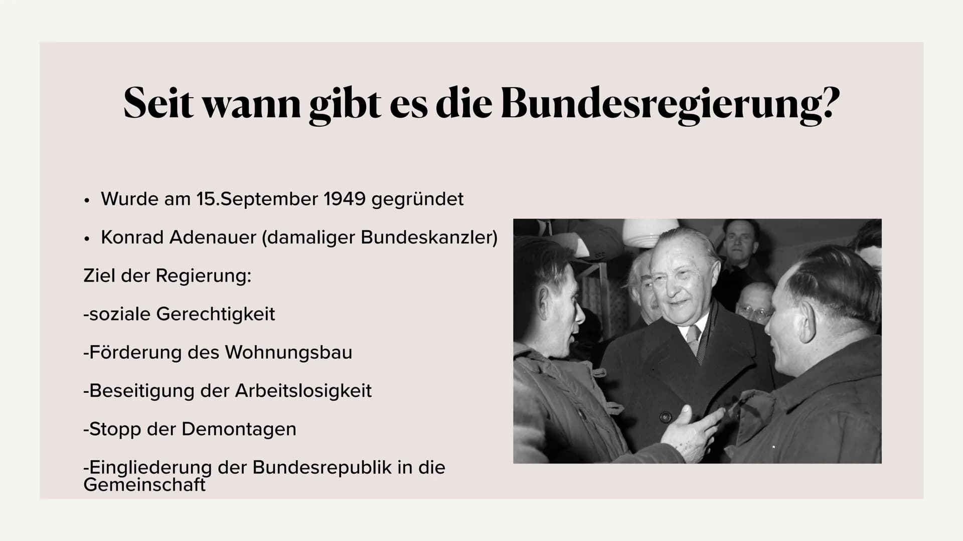 
<h2 id="seitwanngibtesdiebundesregierung">Seit wann gibt es die Bundesregierung?</h2>
<p>Die Bundesregierung wurde am 15. September 1949 ge