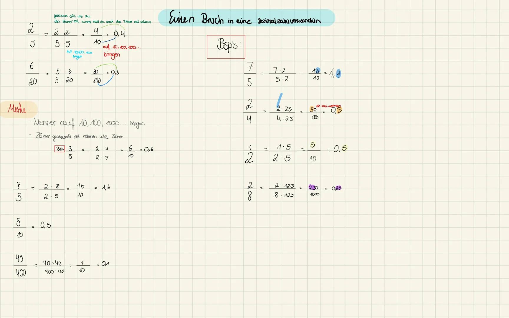 genauso oft wie du
den Wermer mal nimonst must du auch den zänver sal selimen

Einen Bruch in eine Dezimal zaniumwandkin

$\frac{2}{5} = \fr