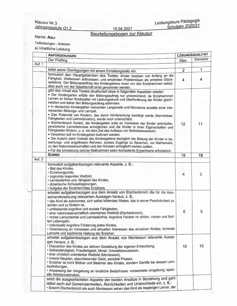 Klausur Nr.3
Jahrgangsstufe Q1.2
Name: ASLI
Teilleistungen - Kriterien
a) Inhaltliche Leistung
Auf. 1
Auf. 2
ANFORDERUNGEN
Der Prüfling
15.0