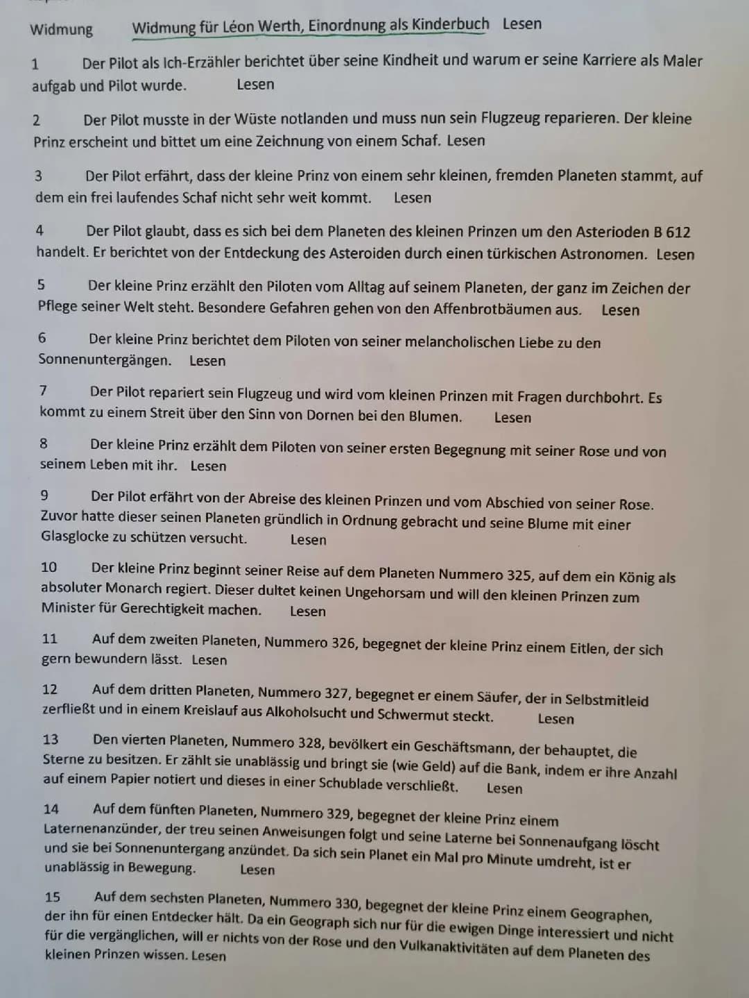 Zusammenfassung der Kapitel aus Der kleine Prinz