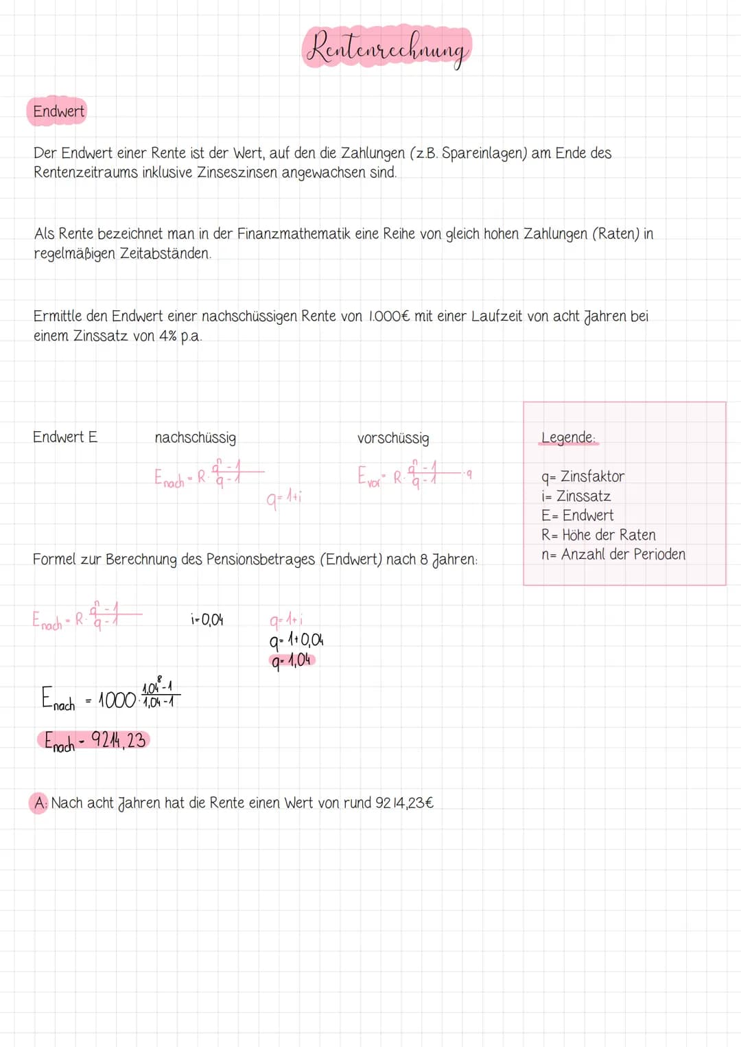 Endwert
Der Endwert einer Rente ist der Wert, auf den die Zahlungen (z.B. Spareinlagen) am Ende des
Rentenzeitraums inklusive Zinseszinsen a