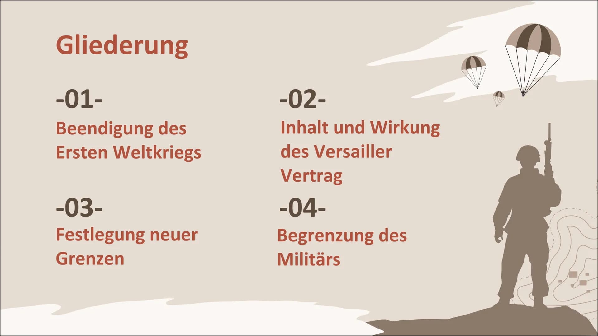 DER VERSAILLER
VERTRAG
Von Emily und Adam Gliederung
-01-
Beendigung des
Ersten Weltkriegs
-03-
Festlegung neuer
Grenzen
-02-
Inhalt und Wir