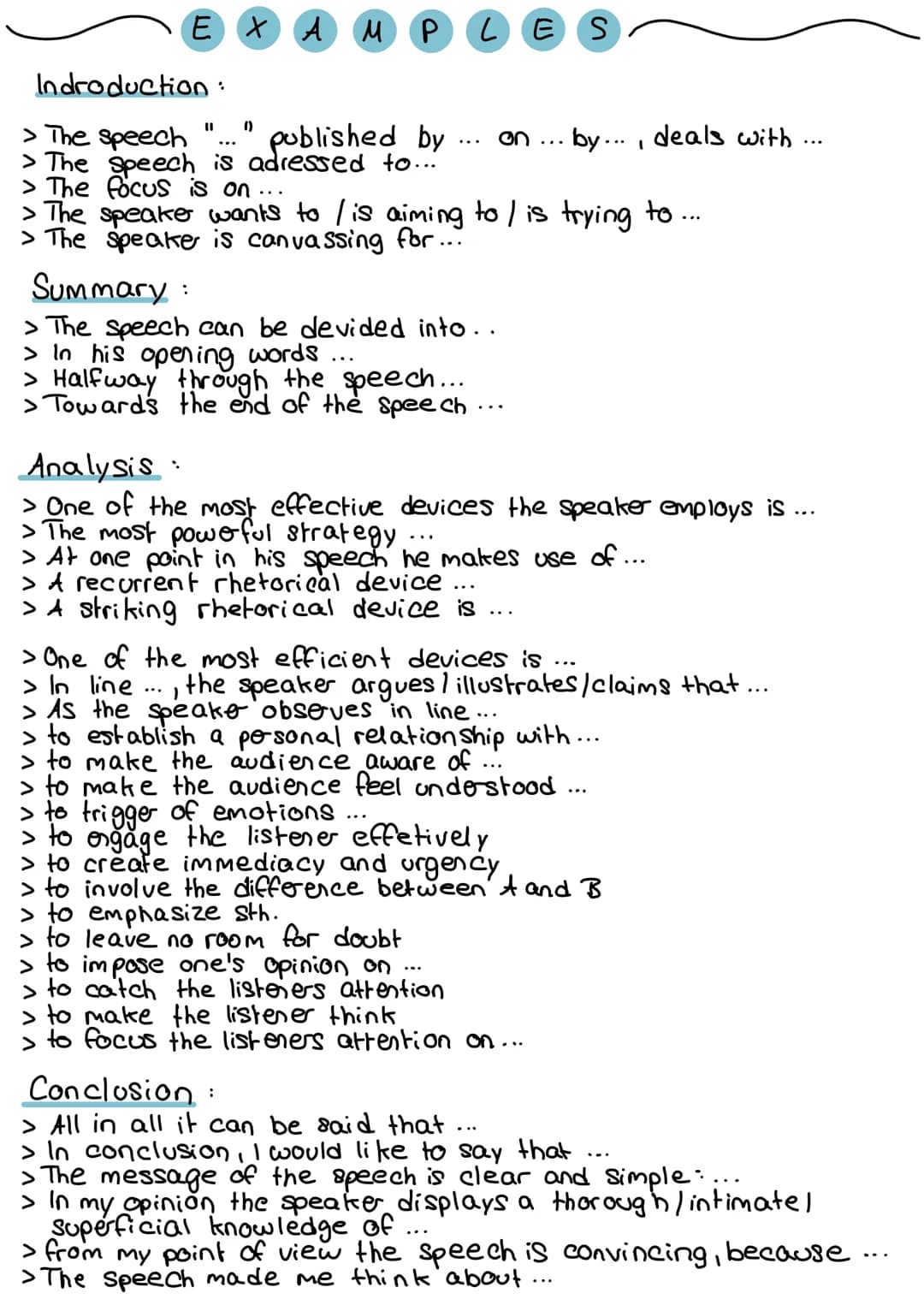 Speech Analysis
Introduction:
> who gives the speech? (speaker)
> when was the speech given? (date)
> where was the speech given? (place)
> 