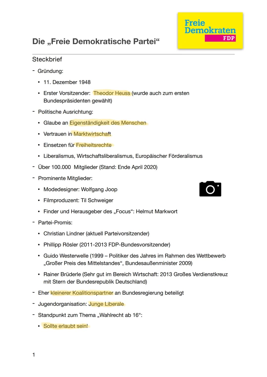 Die ,,Freie Demokratische Partei"
Steckbrief
Gründung:
• 11. Dezember 1948
1
- Politische Ausrichtung:
• Glaube an Eigenständigkeit des Mens