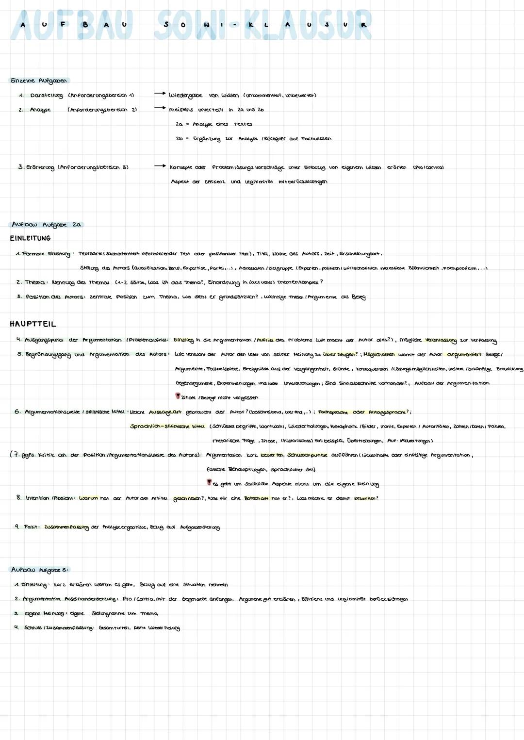 # AUFBAU SOWI-KLAUSUR

Einzele Aufgaben

1. Darstellung (Anforderungsbereich 1) $\longrightarrow$ Wiedergabe von Wissen (unkommentiert, unbe
