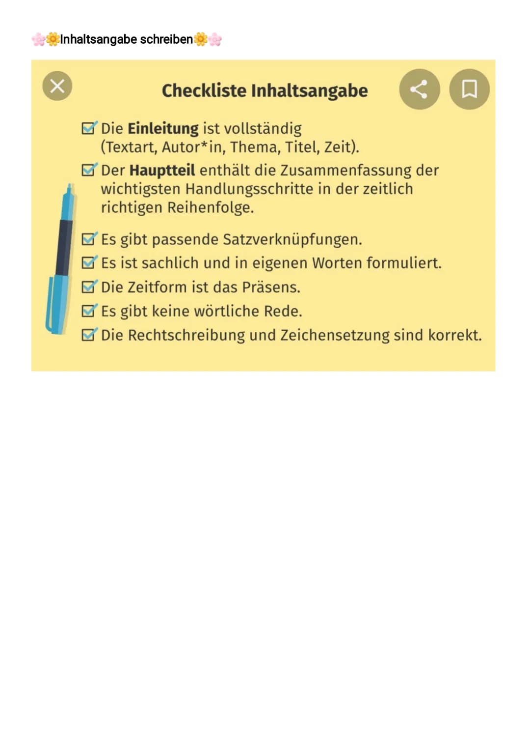 Inhaltsangabe schreiben
X
Checkliste Inhaltsangabe
Die Einleitung ist vollständig
(Textart, Autor*in, Thema, Titel, Zeit).
s
Der Hauptteil e