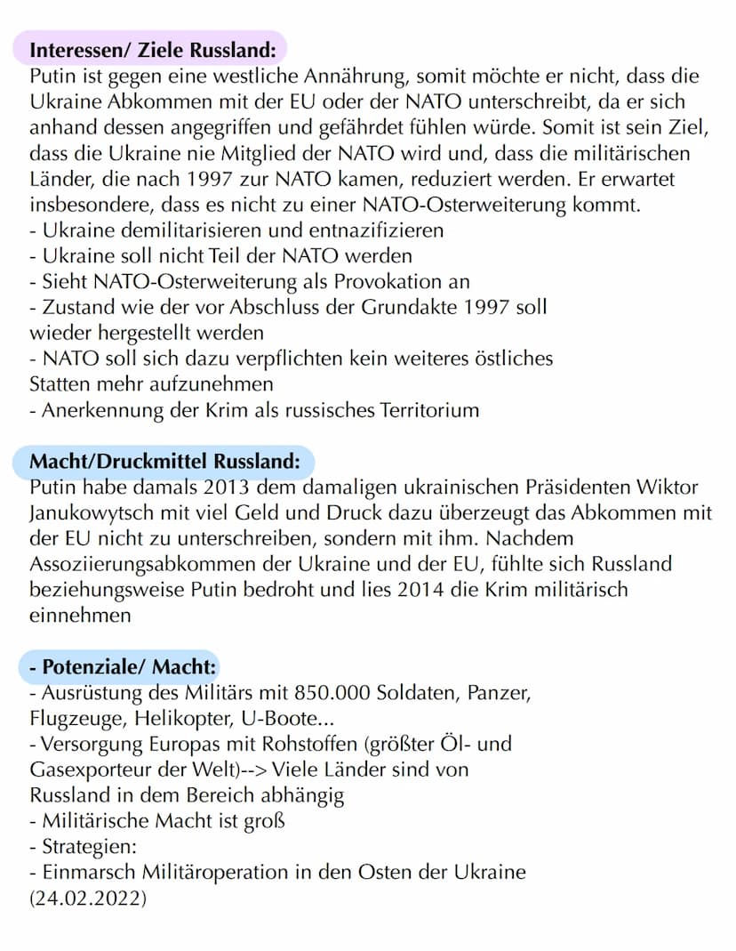 KONFLIKTANALYSE
Putin
Interessen/Ziele.
Ukraine - Russland
Konflikt
↳ NATO-Osterweitung
verhindern
Krieg in der
Ukraine
Macht /Druckmittel.
