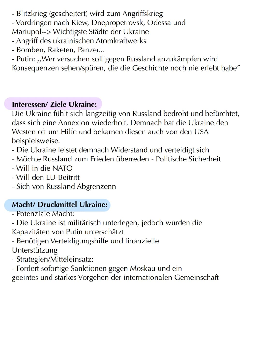 KONFLIKTANALYSE
Putin
Interessen/Ziele.
Ukraine - Russland
Konflikt
↳ NATO-Osterweitung
verhindern
Krieg in der
Ukraine
Macht /Druckmittel.
