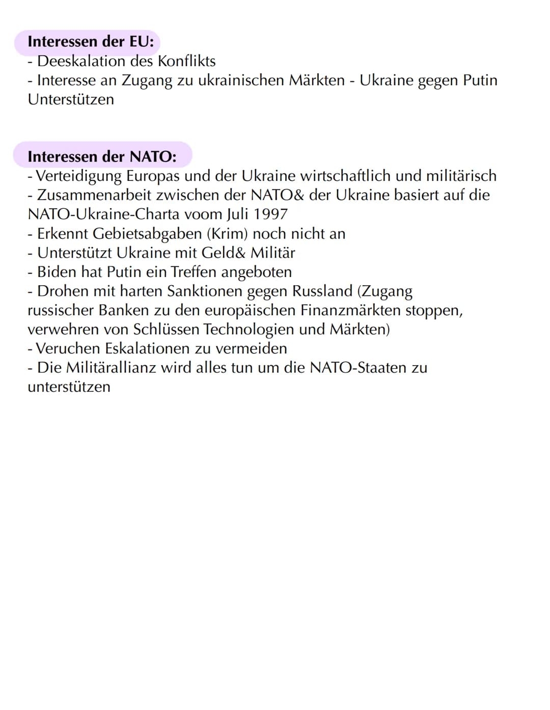KONFLIKTANALYSE
Putin
Interessen/Ziele.
Ukraine - Russland
Konflikt
↳ NATO-Osterweitung
verhindern
Krieg in der
Ukraine
Macht /Druckmittel.
