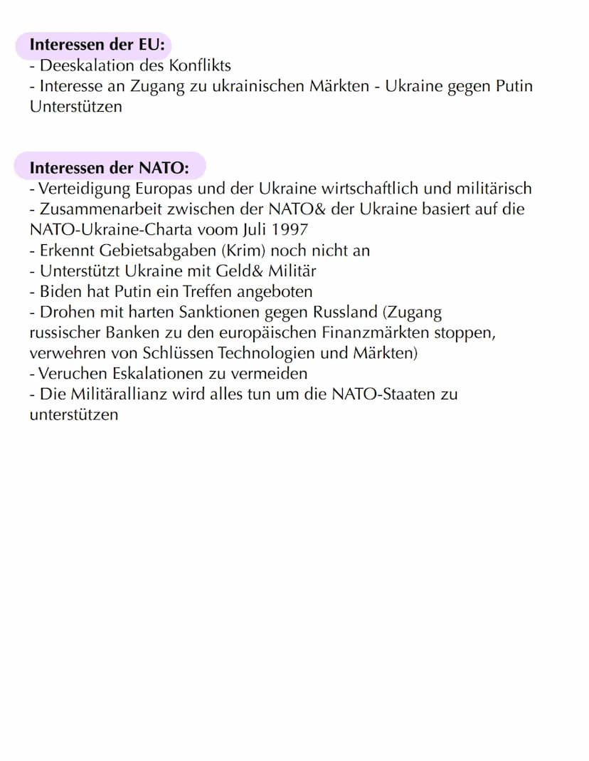 KONFLIKTANALYSE
Putin
Interessen/Ziele.
Ukraine - Russland
Konflikt
↳ NATO-Osterweitung
verhindern
Krieg in der
Ukraine
Macht /Druckmittel.
