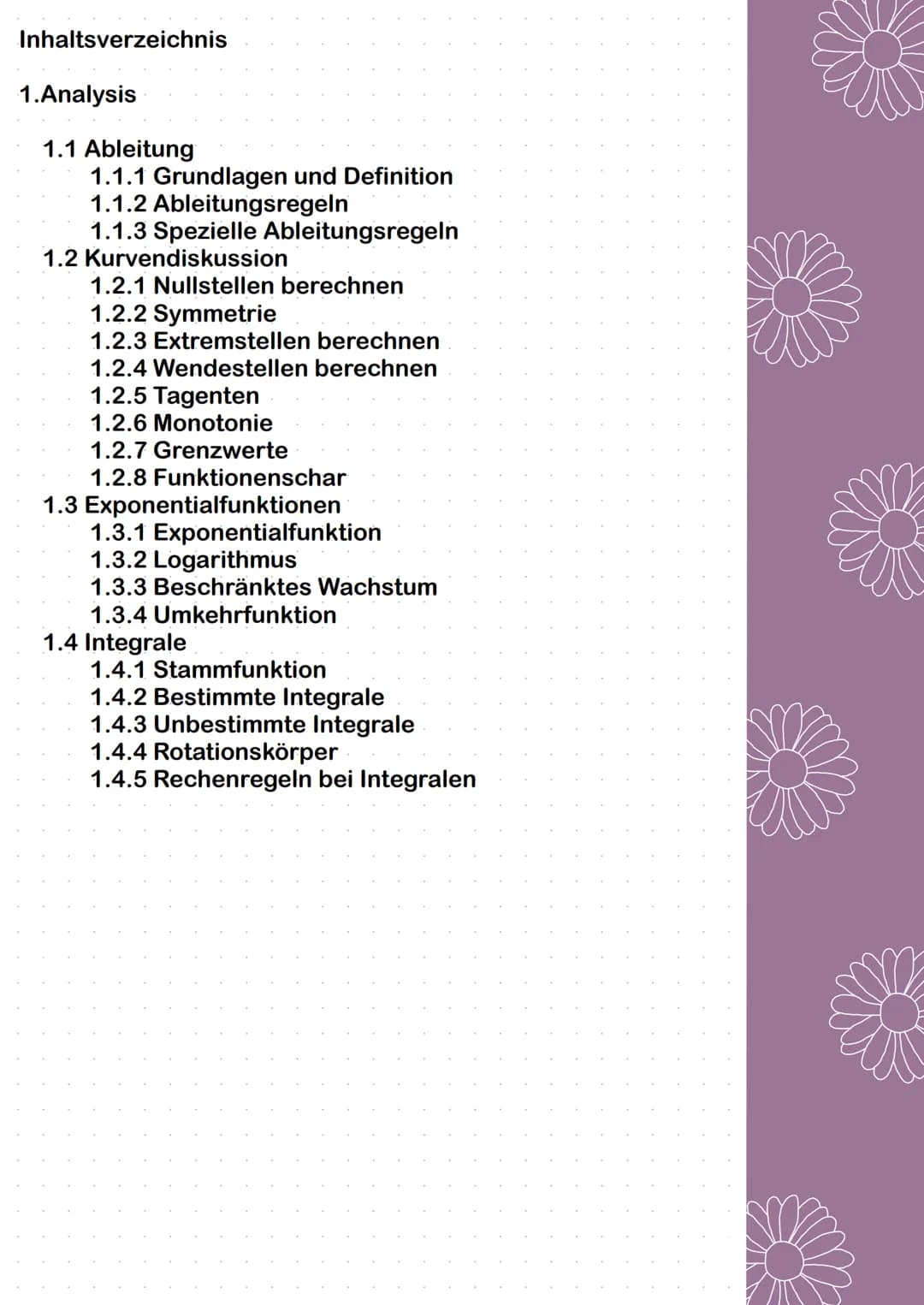 Mathe
Lernzettel
Abitur 2022 Inhaltsverzeichnis
1.Analysis
1.1 Ableitung
1.1.1 Grundlagen und Definition
1.1.2 Ableitungsregeln
1.1.3 Spezie