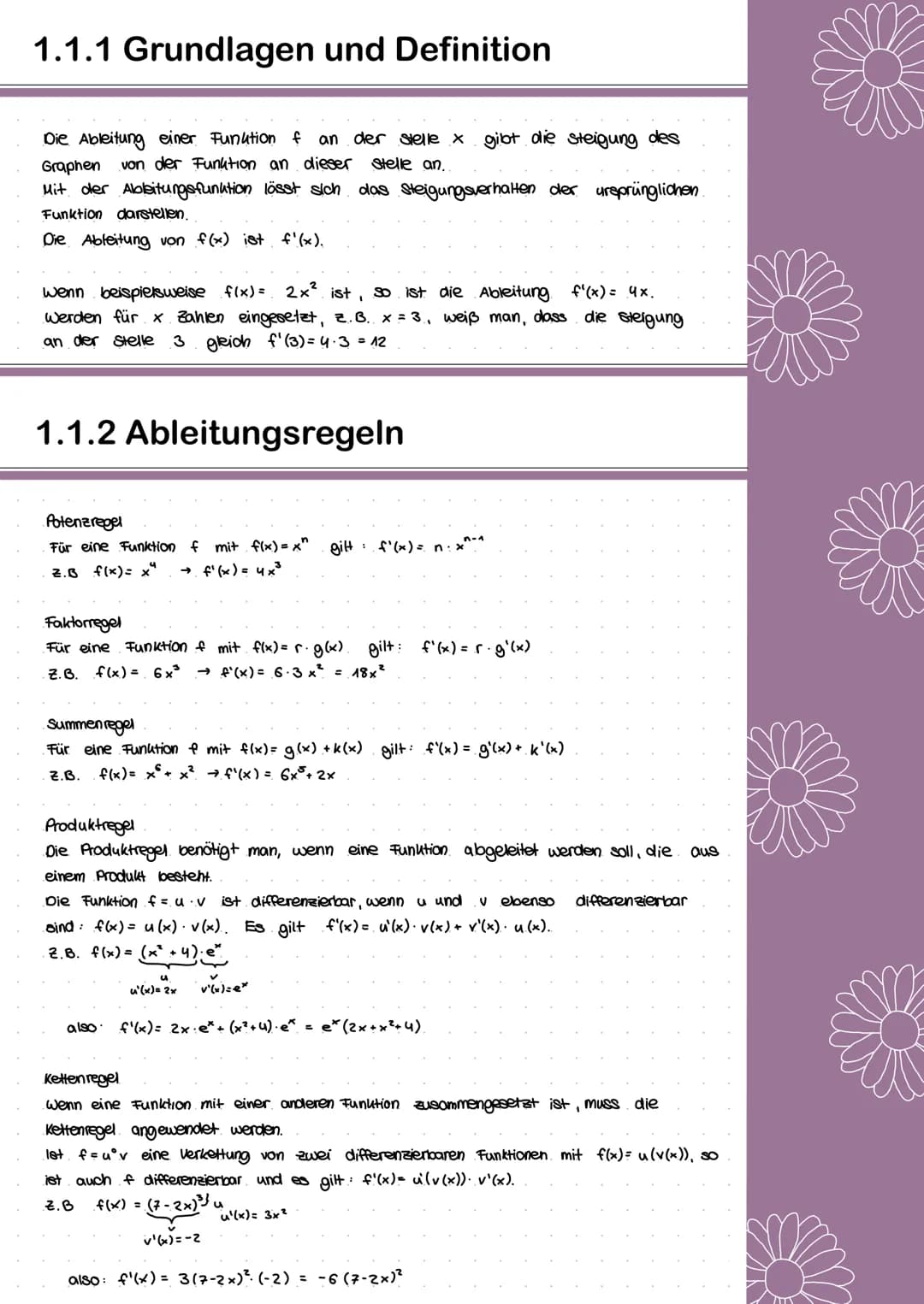 Mathe
Lernzettel
Abitur 2022 Inhaltsverzeichnis
1.Analysis
1.1 Ableitung
1.1.1 Grundlagen und Definition
1.1.2 Ableitungsregeln
1.1.3 Spezie