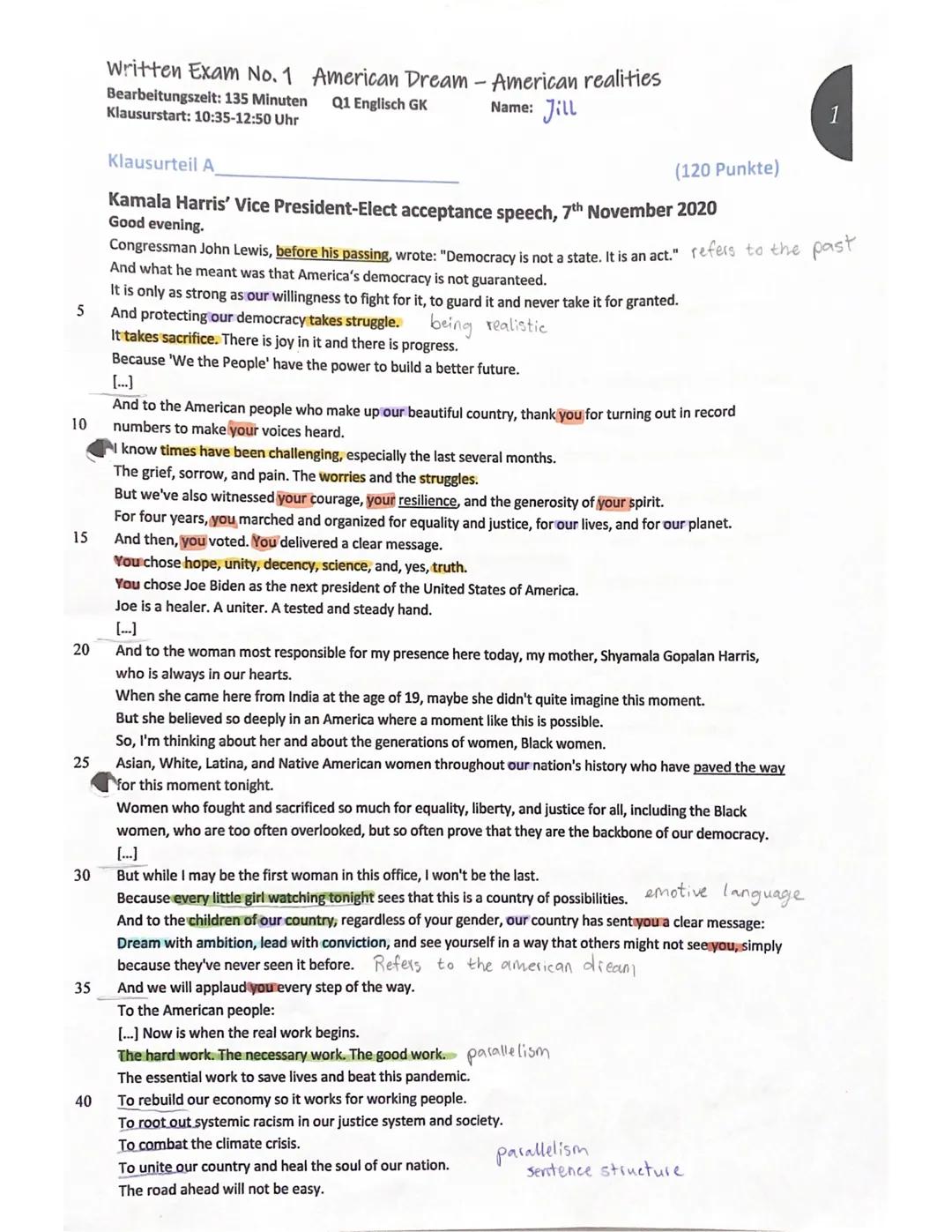 Written Exam No. 1 American Dream - American realities
Bearbeitungszeit: 135 Minuten
Klausurstart: 10:35-12:50 Uhr
Q1 Englisch GK
Name: Jill