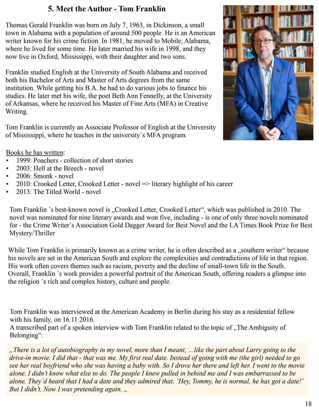 Reading Journal
- ,,Crooked
Letter, Crooked
Letter“ by Tom
Franklin Table of Contents
1. First Thoughts on the Novel (p. 1)
2. Chapter Overv