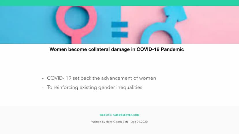 Gender
n
equality
+
DURING COVID-19 IN
2020 -
Women become collateral damage in COVID-19 Pandemic
COVID- 19 set back the advancement of wome