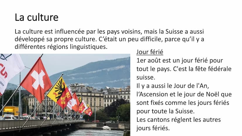 La Suisse Le drapeau
Le drapeau de la Suisse est
particulier, parce qu'il est
quadratique. Ce drapeau et
celui du Vatican sont les seuls
dra