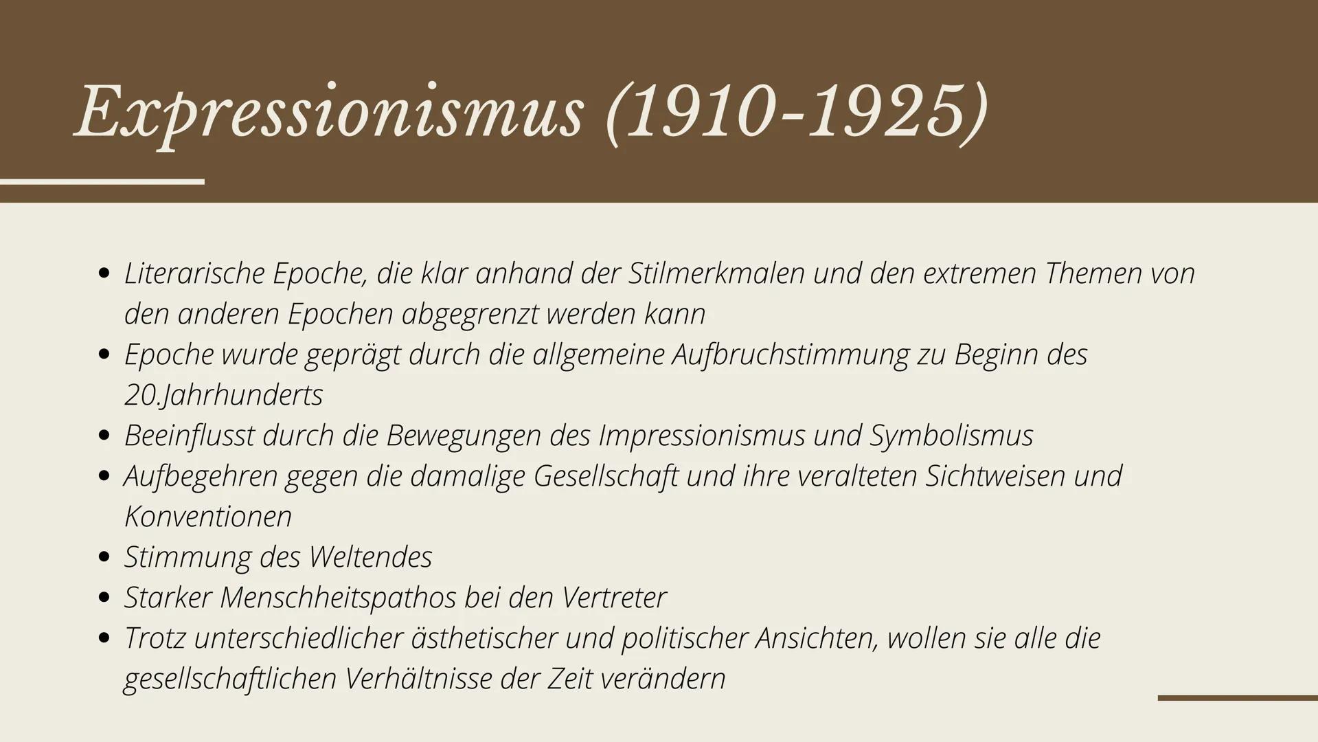 # ÜBERBLICK EINER EPOCHE

Expressionismus

Von Emma Delfs und Laeticia Schrader

on
uf da
follen, fein Tod und
t zweifeln
Blutvergießen sey 