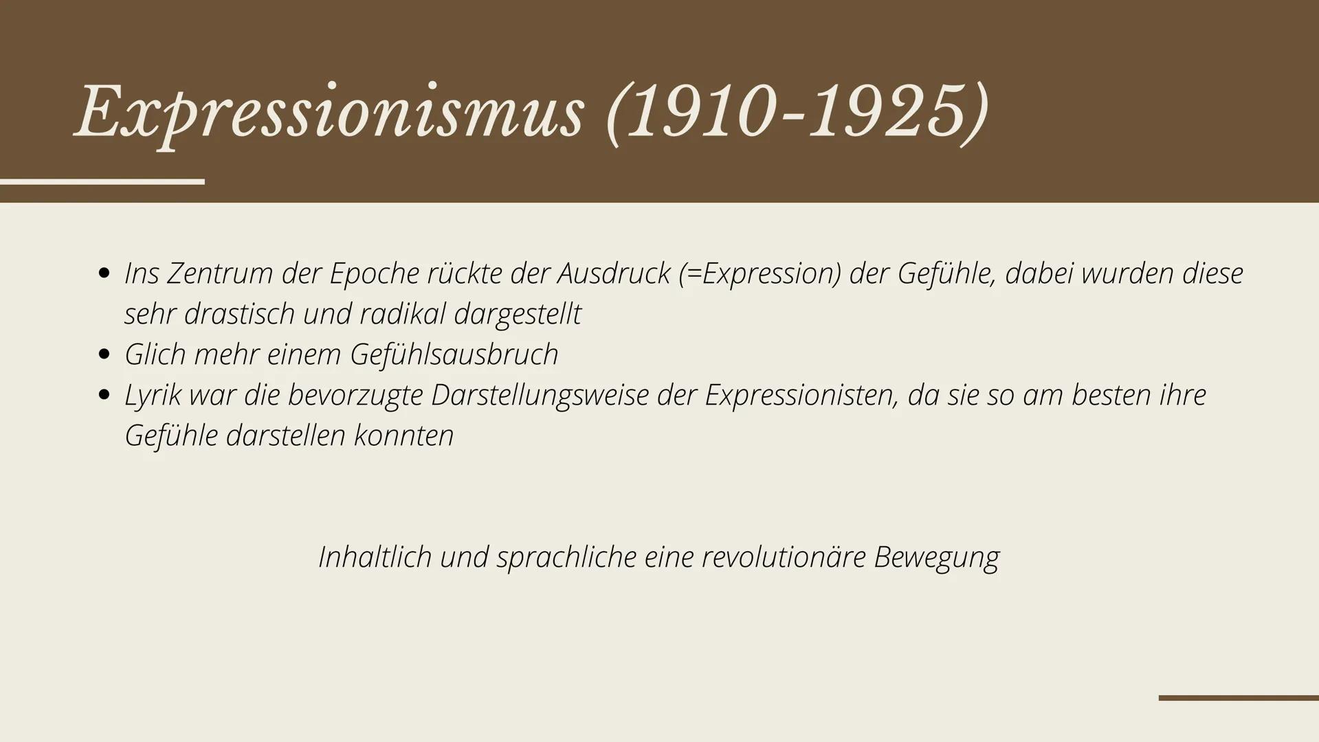 # ÜBERBLICK EINER EPOCHE

Expressionismus

Von Emma Delfs und Laeticia Schrader

on
uf da
follen, fein Tod und
t zweifeln
Blutvergießen sey 