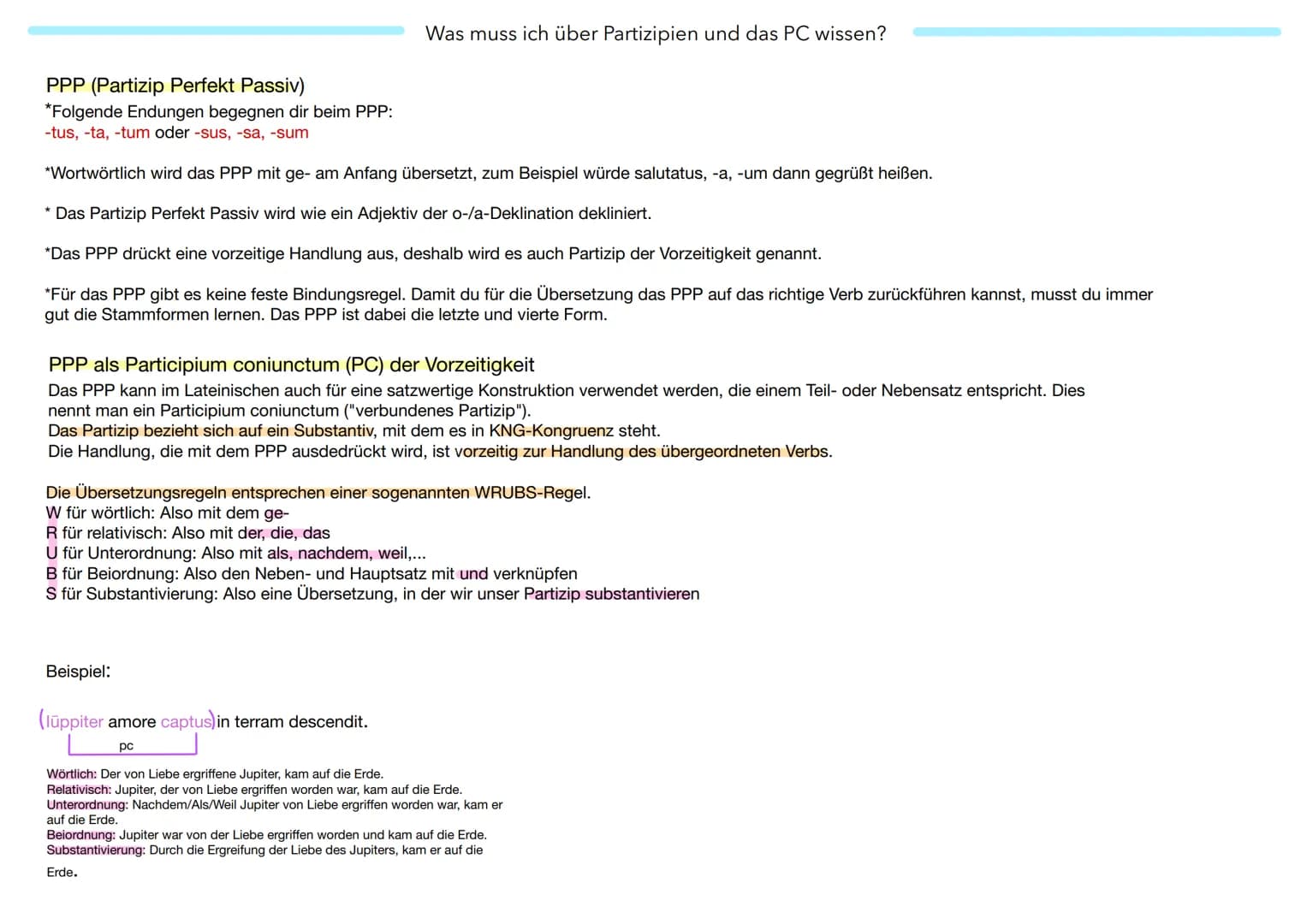 PPP (Partizip Perfekt Passiv)
*Folgende Endungen begegnen dir beim PPP:
-tus, -ta, -tum oder -sus, -sa, -sum
*Wortwörtlich wird das PPP mit 