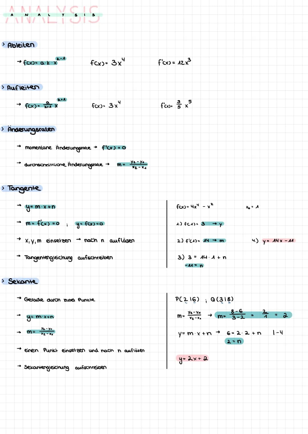 > Ableiten
N
> Aufleiten
→ fcx)= a.k.x
->>
A L
› Änderungsraten
→ f(x) = K+A X
->
> Tangente
-
· y = m. x +
-> momentane Änderungsrate f'(x)