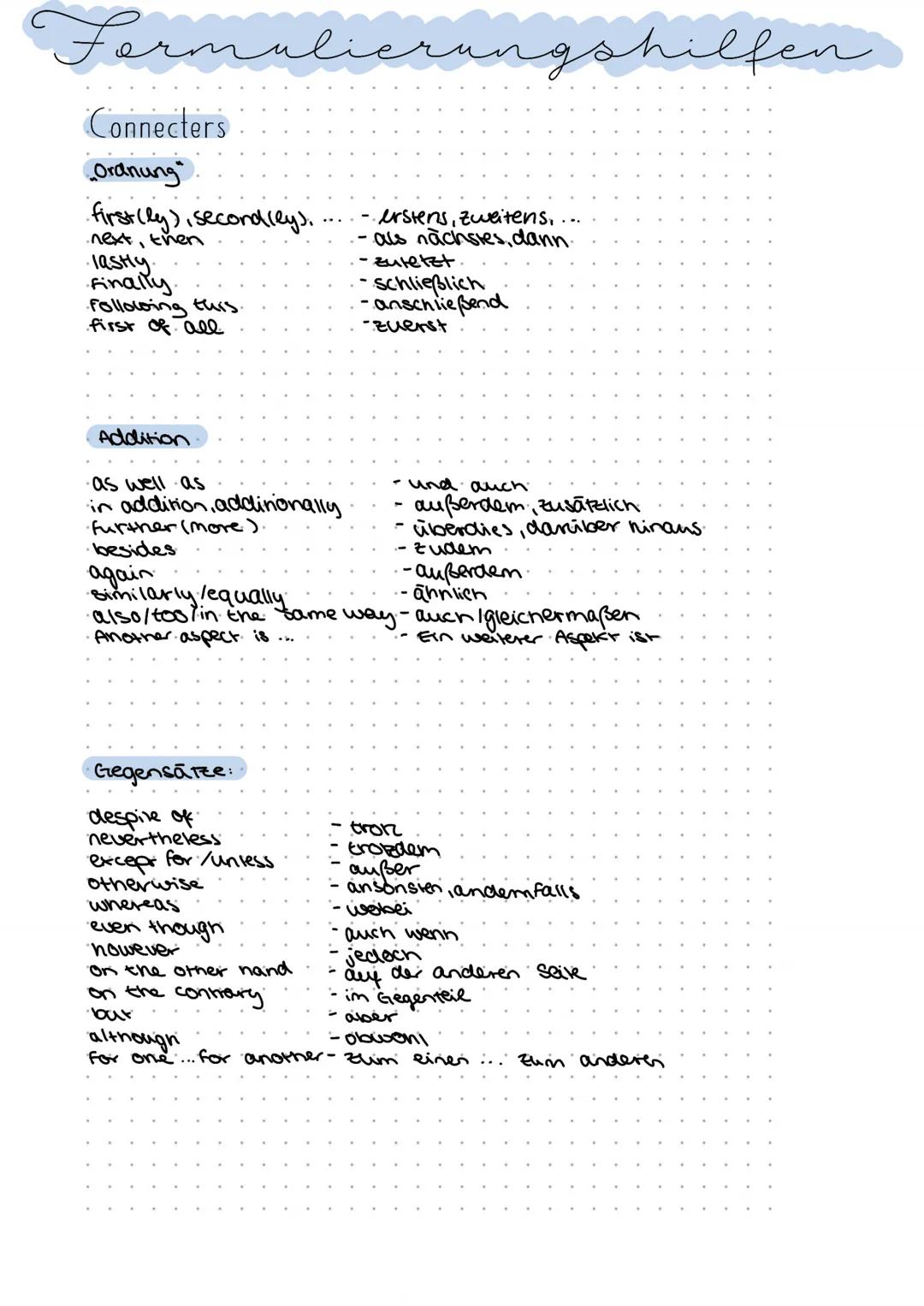 Form
Connecters
Ordnung
first (ly), second (ly).
・next, then
・lastly.
finally.
following this.
first of all
Addition
as well as
in addition,