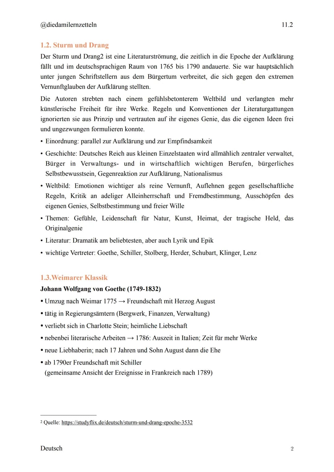 @diedamilernzetteln
Deutsch Klausur 11.2
1. Epochen
1.1. Aufklärung
Die Epoche der Aufklärung¹ betrifft ungefähr den Zeitraum von 1720 bis 1