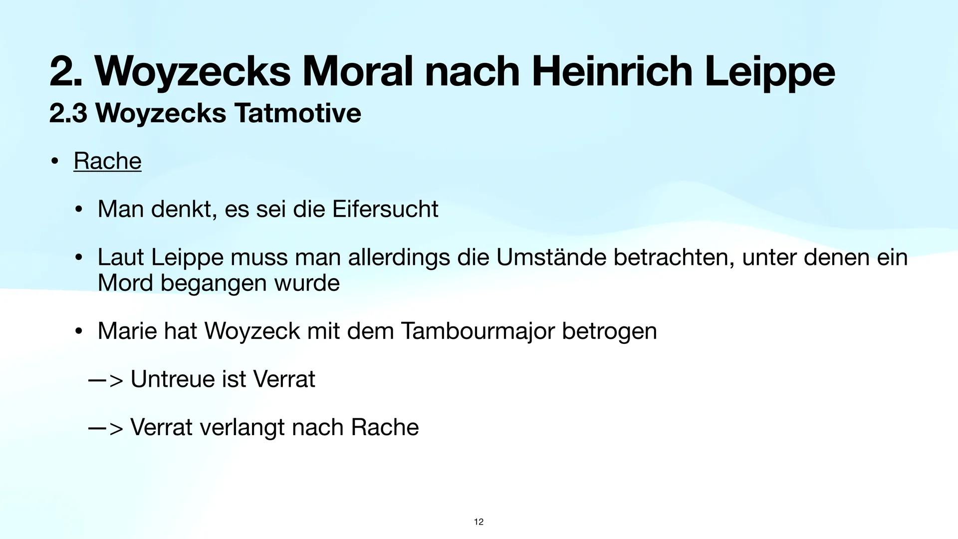 Präsentationsleistung
Woyzeck
1 Gliederung
1. Einleitung
1.1 Vorstellung der Aufgaben
1.2 Handlung des Dramas ,,Woyzeck"
1.3 Definition des 