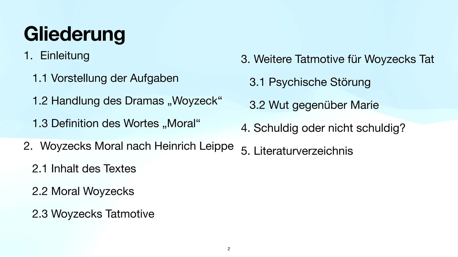 Präsentationsleistung
Woyzeck
1 Gliederung
1. Einleitung
1.1 Vorstellung der Aufgaben
1.2 Handlung des Dramas ,,Woyzeck"
1.3 Definition des 