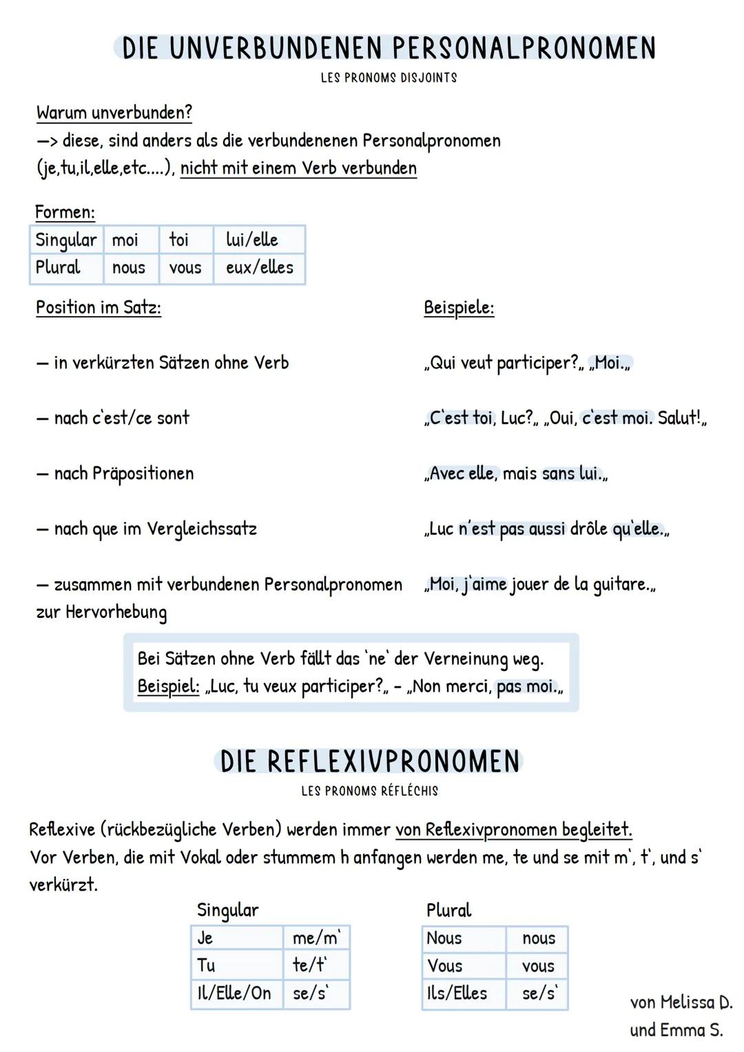 DIE UNVERBUNDENEN PERSONALPRONOMEN
Warum unverbunden?
-> diese, sind anders als die verbundenenen Personalpronomen
(je,tu,il,elle,etc....), 