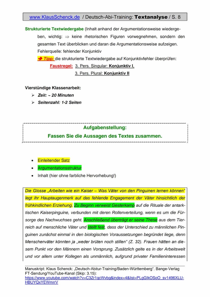 www.KlausSchenck.de / Deutsch-Abi-Training: Textanalyse / S. 1
Textanalyse (Aufgabe V)
Aus meiner Sicht ist die Textanalyse die einfachste A
