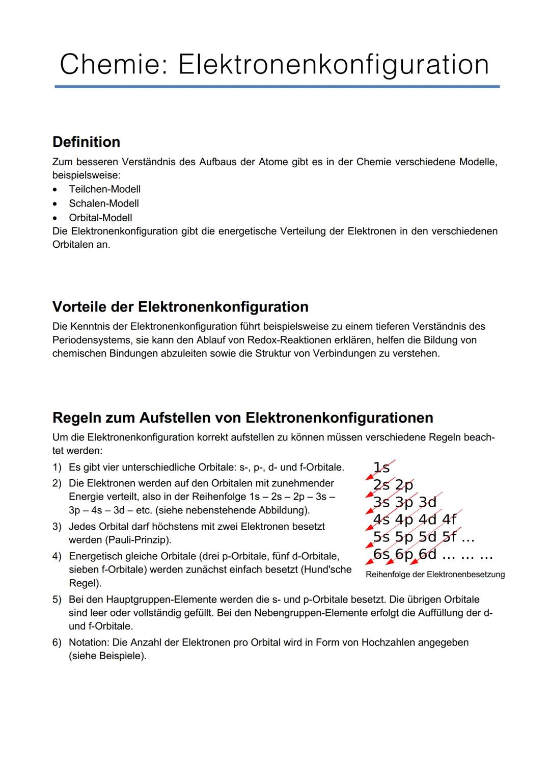 Chemie: Elektronenkonfiguration
Definition
Zum besseren Verständnis des Aufbaus der Atome gibt es in der Chemie verschiedene Modelle,
beispi