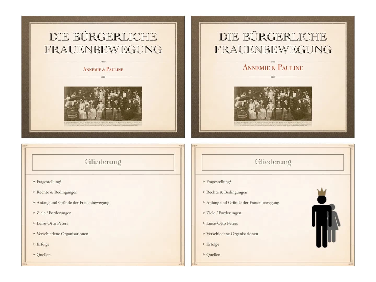 DIE BÜRGERLICHE
FRAUENBEWEGUNG
ANNEMIE & PAULINE
Luise-Otto Peters
Gliederung
+ Fragestellung?
+ Rechte & Bedingungen
→ Anfang und Gründe de