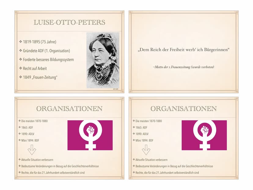 DIE BÜRGERLICHE
FRAUENBEWEGUNG
ANNEMIE & PAULINE
Luise-Otto Peters
Gliederung
+ Fragestellung?
+ Rechte & Bedingungen
→ Anfang und Gründe de