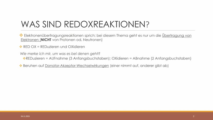 REDOX-REAKTIONEN
HILFESTELLUNGEN
24.11.2021
HOFER, 3A
1 WAS SIND REDOXREAKTIONEN?
Elektronenübertragungsreaktionen sprich: bei diesem Thema 