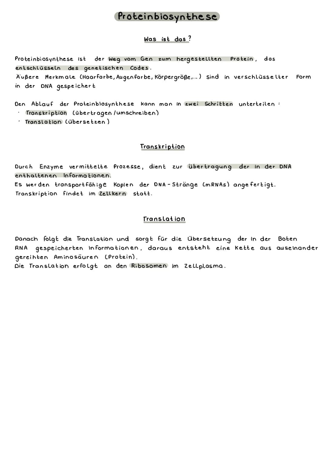Proteinbiosynthese
Was ist das?
Proteinbiosynthese ist der Weg vom Gen zum hergestellten Protein, das
entschlüsseln des genetischen Codes.
A