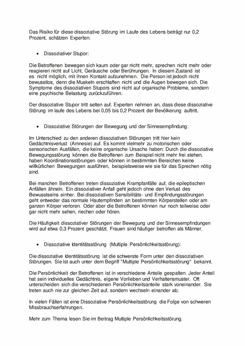 Dissoziative Störung
Dissoziative Störung ist ein Oberbegriff für eine Reihe psychischer Krankheitsbilder.
Die Betroffenen regieren auf sehr